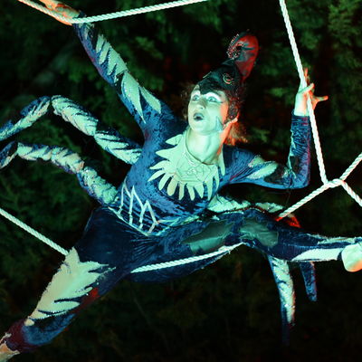 Die Spinnenfrau zeigt Akrobatik im Netz